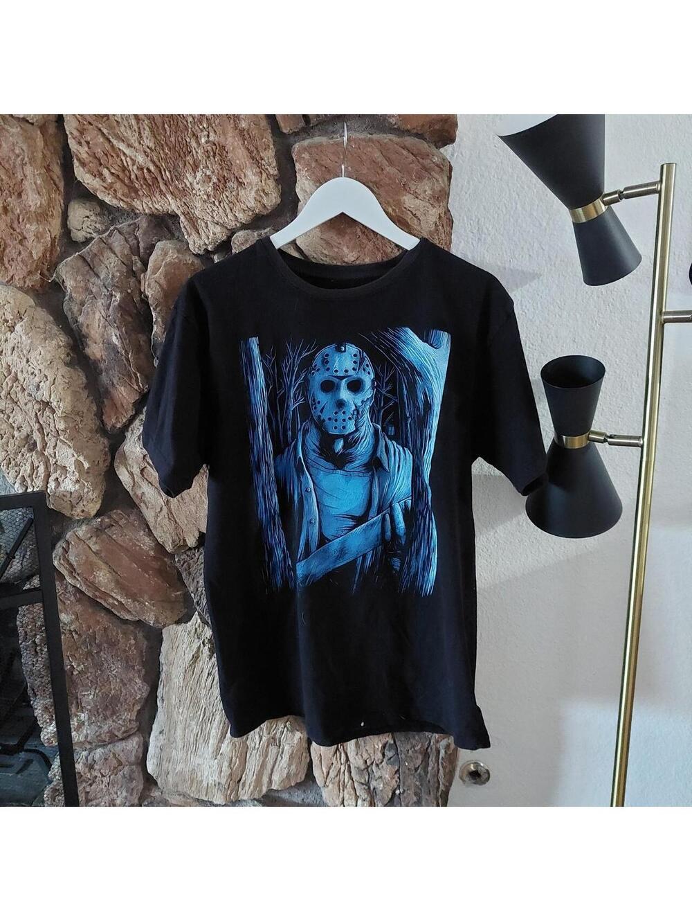 Friday the 13th Jason Voorhees Black Graphic T-Shirt Blue Horror Movie Tee